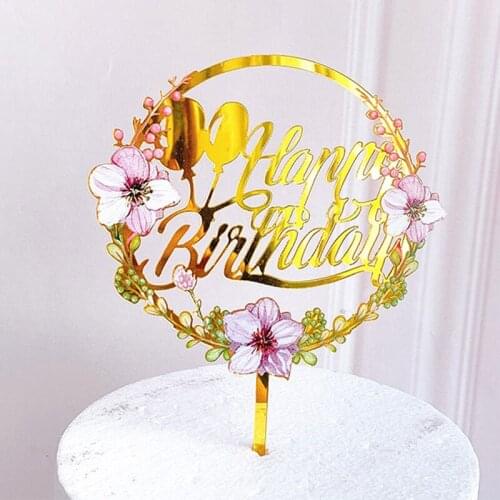 1PC Happy Birthday Acrylic Cake Toppers Rose Flowers Cake Topper Decor for DIY Wedding Birthday Party Cake Decorations Supplies