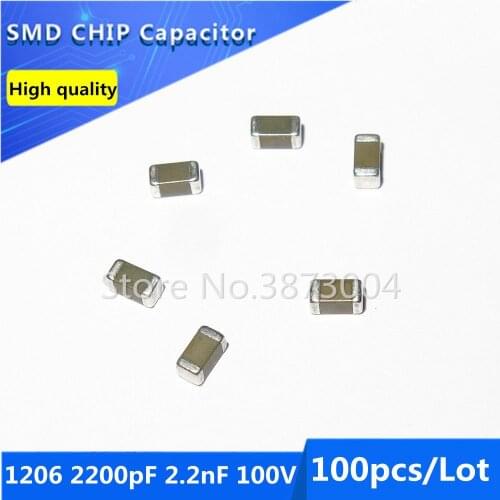 100pcs 1206 2200pF 2.2nF 100V 10% Thick Film Chip Multilayer Ceramic Capacitor