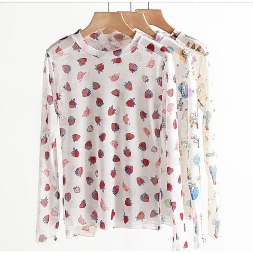 Summer Womens Mesh T-shirt Thin Cartoon Pattern Sunscreen Round Neck Long Sleeve Matching Tops 2021 New Products