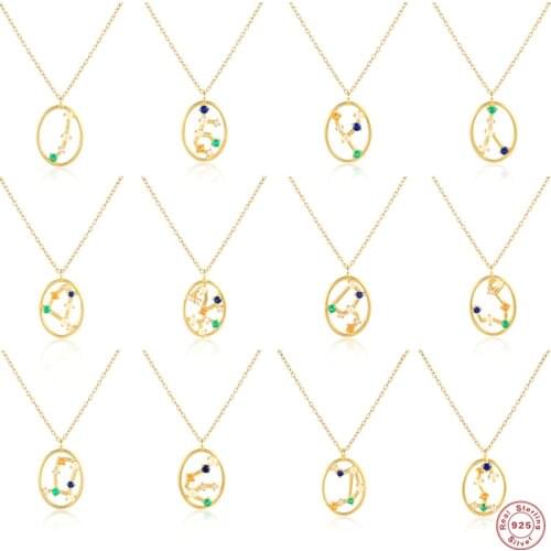 GS 925 Sterling Silver 12 Constellations Oval Pendant Necklaces For Women Dainty Colorful Zircon Zodiac Charm Necklace Jewelry