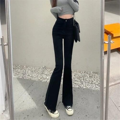 Cotton High Waist Tassel Bell Bottom Jeans Women Slim Flare Denim Pants Trousers Stretch Skinny Wide Mom Jeans Streetwear