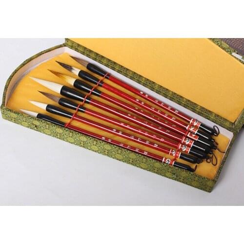 7PCS Nylon/ Pony Hair/ Weasel Bristle Chinese Calligraphy Brush Pen and Storage Box Wool Hair Painting Brushes Set