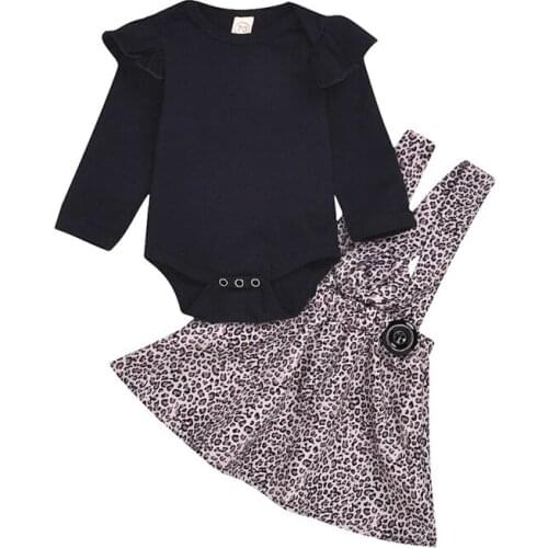 2PCS Infant Baby Clothes Girl Skirts Set Long Flare Sleeve Cotton Romper+Strap Leopard Print Skirt Casual Outfits Baby Clothes