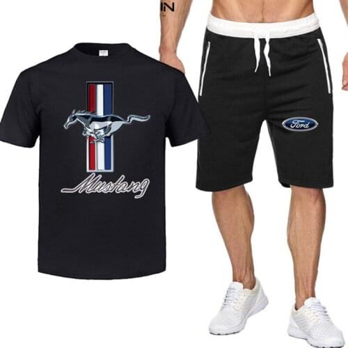 2021NEW Summer Mens T-shirt Set 2-piece Mens Sportswear For Mustang Suit Printed Short Sleeve + Mens Suit