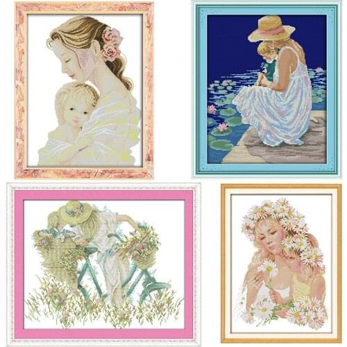 Joy Sunday Mother & Babay Counted 11ct Cross Stitch Kit Pattern Printed Canvas 14ct for Needlework Embroidery Set Threads Crafts