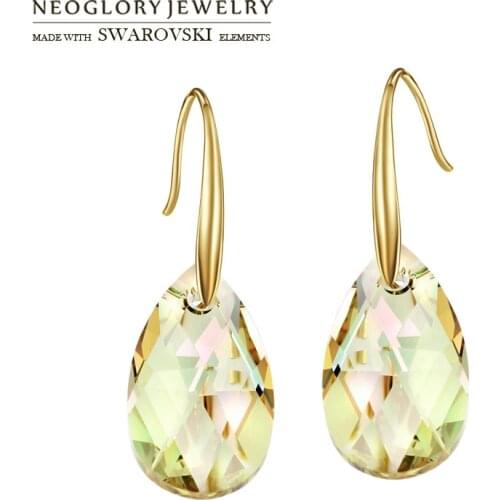Neoglory Austria Crystal Long Drop Earrings Exquisite Water Drop Style Light Yellow Gold Color Classic Wholesale Trendy Women