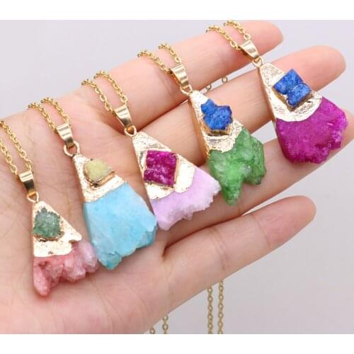 New Metal Chain Healing Energy Necklace Natural Druzy Agat Crystal Minerals Gem Stone Pendant Choker Charms Necklaces Jewelry
