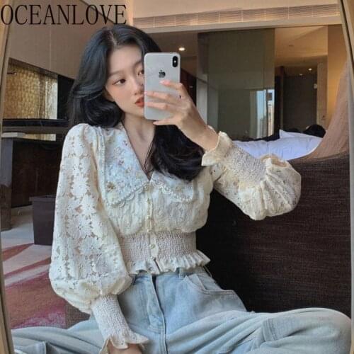 OCEANLOVE Autumn 2021 Blusas Feminina Hollow Out Ruffles Short Vintage Lace Ropa Mujer Korean Fashion Lantern Sleeve Blouses