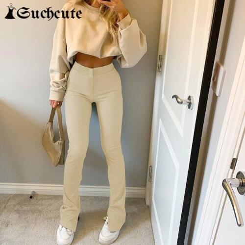SUCHCUTE Streetwear High Waist Solid Pants 2021 New Fashion Slim Outfits Women Split Pencil Pants Casual Activewear Trousers