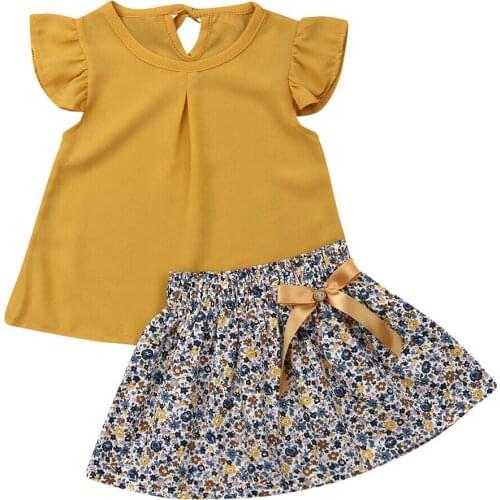 1-5Y Toddler Kid Baby Girl Clothes Sets Yellow Chiffon Tops+Floral A-Line Skirt Summer Outfits Clothes Set