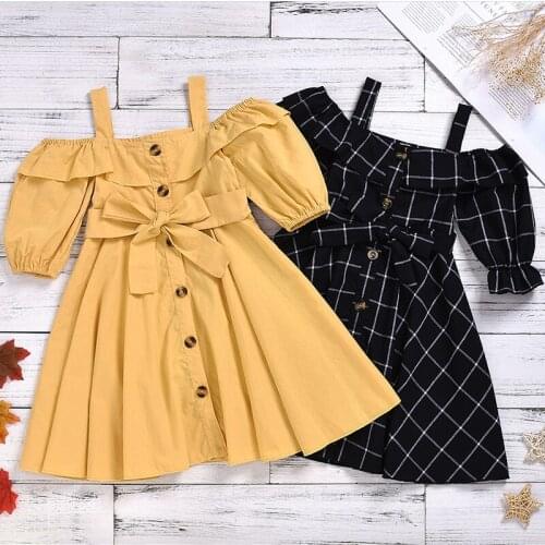 2-7Y Summer Dress For Girls Children Suspender Dresses Solid Color Princess Dress Vestidos Yellow Black Kids Autumn Spring Dress
