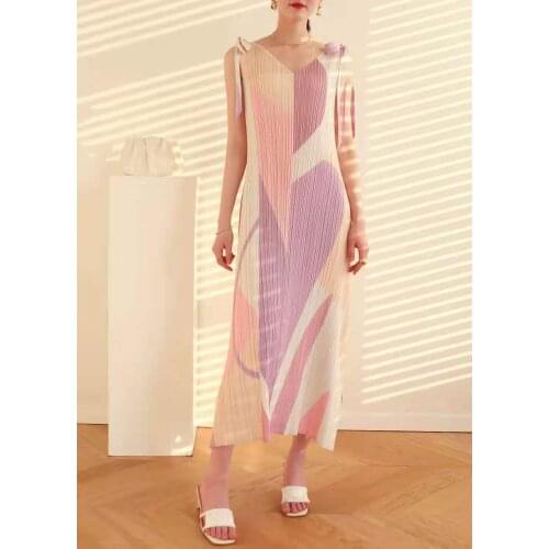 Kelana Pleated Dress High Quality Seaside Holiday Style V-Neck Sleeveless Long Aesthetic Dress