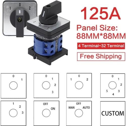 Rotary switch 125A 1/2/3/4/5/6/7 Phase 4/8/12/16/20/24 screw terminal 3 position Universal changeover cam switch silver contact
