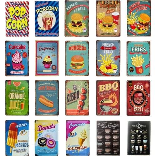 Retro BBQ Hamburger Popcorn Hot Dog Fries Cupcake Coffee Menu Ice Cream Poster Metal Tin Signs Pub Bar Fast Food Shop Wall Decor