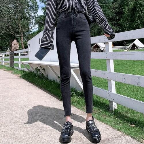 Blue-Black elastic high waist jeans womens skinny feet pants 2019 new nine-point tight pencil pants