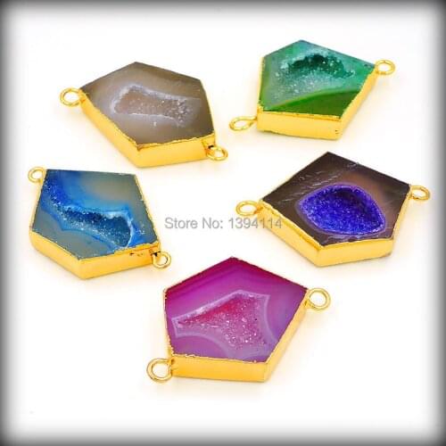 Mixed Colors Agat e Druzy Pentagon Connectors Of Gold Cladding Approx 30*25 mm