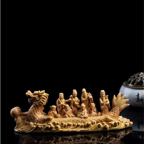21cm Eight Gods Boxwood Statue Chinese Feng Shui Eight Immortals Crossing Sea Sculpture Dragon Boat Collection Home Decor
