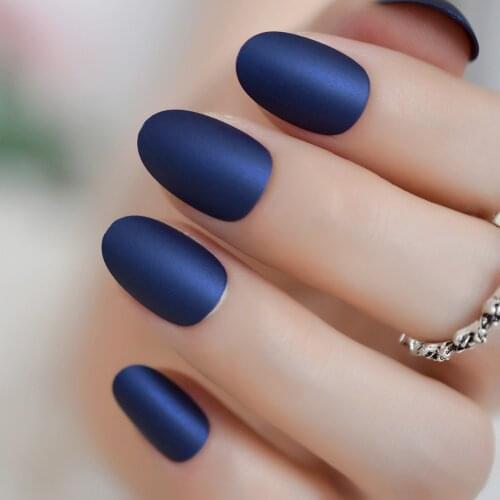 Gorgeous Matte Fake Fingernails Short Oval Diamond Blue Frosted False Nails with Glue Sticker 24