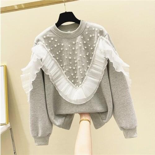 Womens Grey Hoodie Mesh Stitching Ruffled Beaded Round Neck Pullover Hoody Womens 2020 Autumn Loose Top Student Sweatshirt