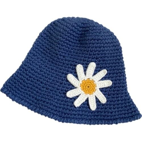 Q1FA Women Chunky Crochet Knit Dome Bucket Hat Daisy Floral Round Top Fisherman Cap