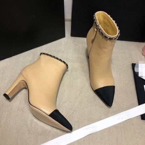 Genuine Leather Womens Boots High Quality Brand Boots Classic Winter Ankle Womens Boots Pointed Toe patchwork Womens Boots