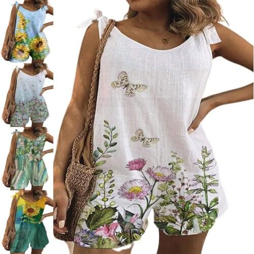 Hot Sales Wide Leg Sling Women Jumpsuit Sleeveless Flower Print O Neck Summer Jumpsuit Casual Overalls