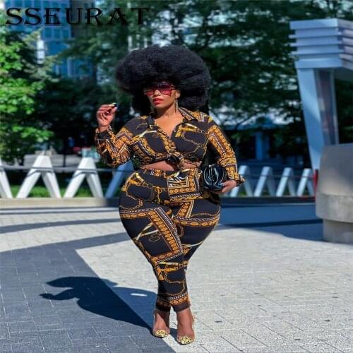 SSEURAT Plus Size Women Set Print Turn-down Collar Tops and Pants Two Piece Sets Autumn Fashion Outfits