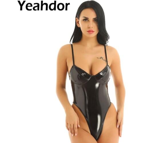Women One-piece Wetlook Patent Leather Clubwear Bodysuit Lingerie Adjustable Spaghetti Straps High Cut Thong Leotard Night Wear