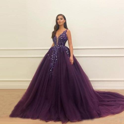 Beautiful V-neck Beadings Crystals A-line Tulle Purple Prom Dresses 2020 Luxury Long Evening Party Dress vestidos de gala