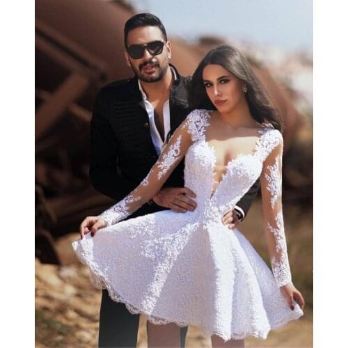 Fashion Long Sleeve Lace White Short Wedding Dress Crew-Neck Bride Dress vestido corto de novia Plus Size Bridal Gowns