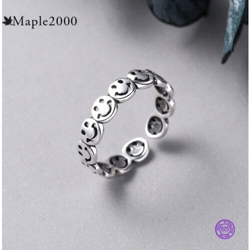 Vintage Ancient 925 Silver Color Happy Smiling Face Open Rings for Women Punk Hip Hop Adjustable Ring Fashion Jewelry Best Gift