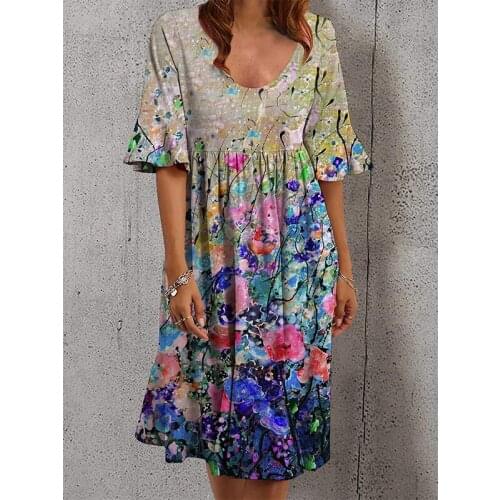 Ladies Vintage Harajuku Flowers Print Summer Dress Women Slim Casual High Waist Beach Dress