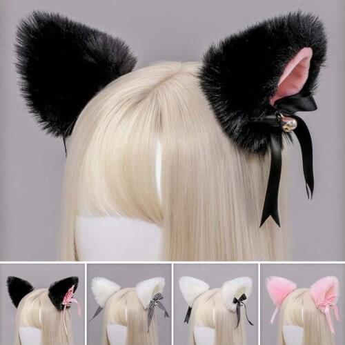 1 Pair Japanese Lolita Anime Hair Clips Cute Furry Cat Ears Hairpin with Bowknot Bell Barrette Party Cosplay Costume Accessories