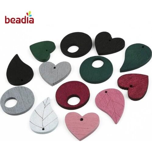 20pcs Carve Leaves Heart Round Mixed Color With Hole Wood Charm Pendant DIY Fashion Jewelry Earrings Handmade Making