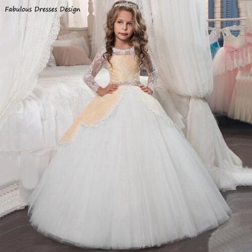 2021 Long Sleeve Ball Gown Flower Girls Dresses Long Applique Lace Bowkont O-neck Little Kids Birthday Dress Party платье