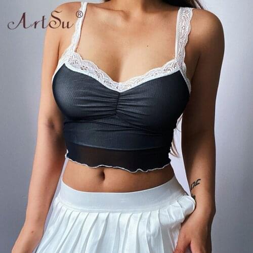 ArtSu Patchwork Y2K Sleeveless V-Neck Lace Trim Sexy Black Summer Mesh Tops Streetwear Women Slim Fashion Crop Top Tanks