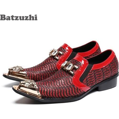 Batzuzhi Men Dress Shoes Genuine Leather Luxury Business Shoes Pointed Toe Formal Shoes Metal Toe Red Wedding Shoes, Size 38-46