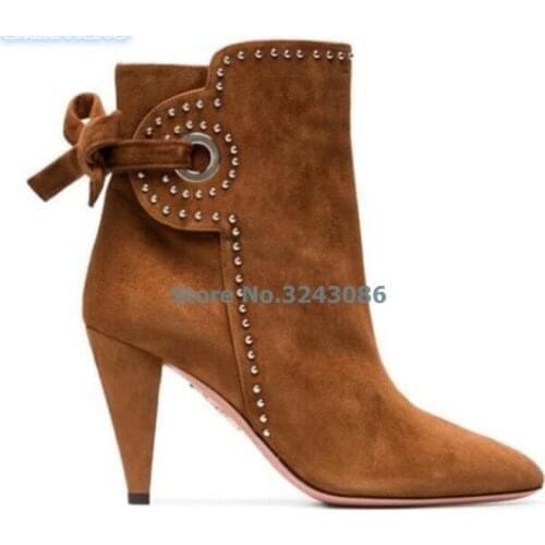 Brown Suede Rivet Back Butterfly-knot Spike Heels Boots Pointed Toe Side Zipper Ankle Boots Casual Spring Autumn Women Shoes