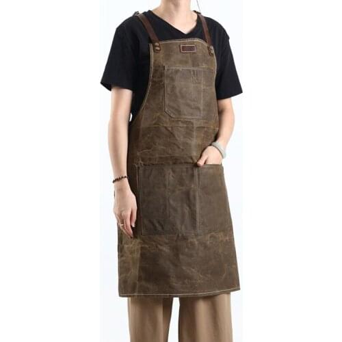 Durable Work Shop Tool Apron Heavy Duty Waxed Canvas Aprons Waterproof Adjustable Cross-Back Straps With Tool Pockets Unisex