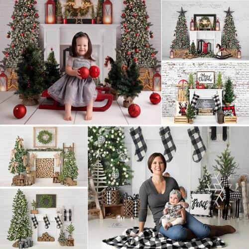 Photography Backdrop Merry Christmas Fireplace Winter Snow Background for Photo Studio Christmas Tree Photocall Newborn Baby