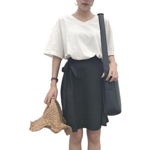 Summer Student Female Short-sleeved T-shirt V-neck Solid Pure Korean New Arrival Loose Basic Lady Girl Blouse Women Shirts