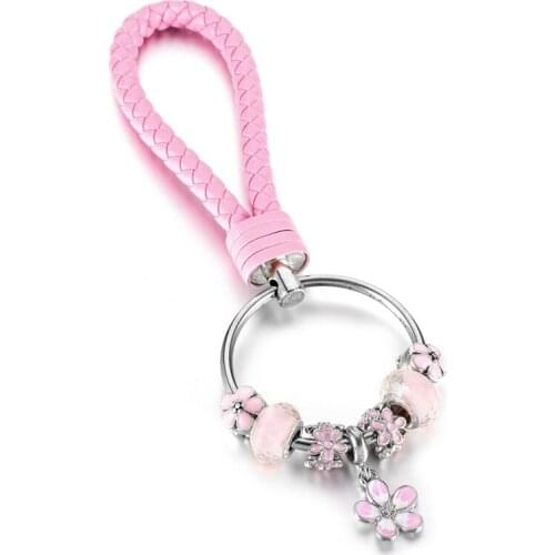 KEORMA Exquisite Pink Charms Beads & Lovely Pink Flower Pendant Pink PU Leather Chain for Women Great Key Chain Accessory Gift