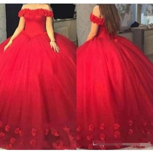Red 3D-Floral Puffy Ball Gown Quinceanera Dresses Sweet 16 Off the Shoulder Lace Up Back 2019 Party Pageant For Girls prom dress