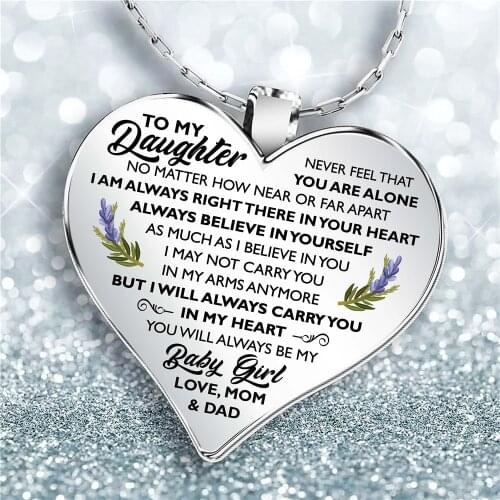 Mom Dad To Daguhter Metal Chain Necklace Epoxy Resin Love Heart Shape Pendant Necklace for Women Girls Family Jewelry Gift