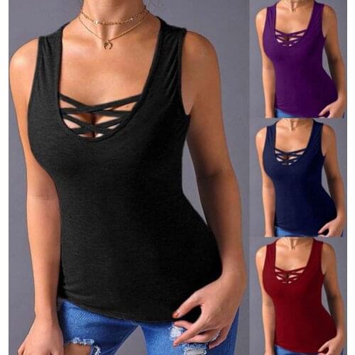 Plus Size Fashion Summer Solid Color Women Clothing Cross Strap Round Neck Selveless Casual Loose Tank Top Vest Tops