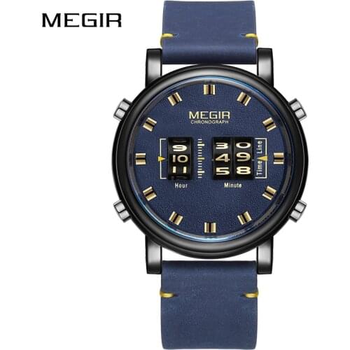 MEGIR Creative Drum Roller Digital Watches Top Band Men Military Sport Leather Quartz Wrist Watch Luxury Male Relogio Masculino