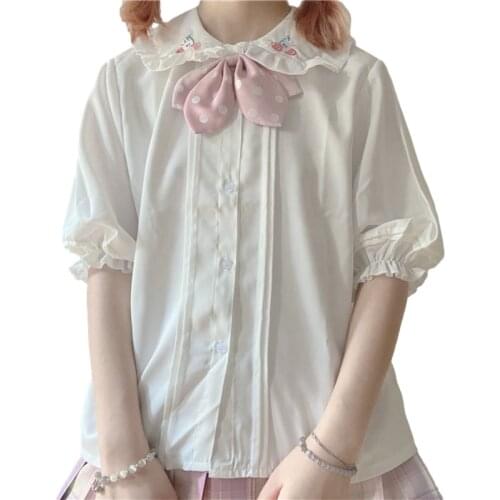Sweet Lolita White Blouse Girls Short Puff Sleeve Cute Rabbit Tops Women Chiffon 2021 Japan Fashion Ruffle School Uniform Shirts