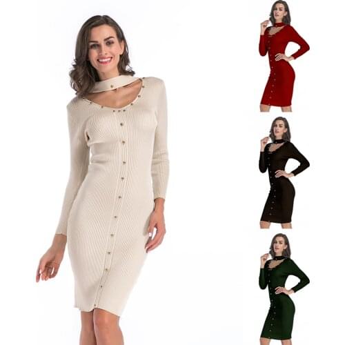 Buttons Wrapped Zevity Sweater Dresses Long Sleeve Bottoming Vintage Solid Color Sexy Hollow Out Low Colon Spring and Autumn
