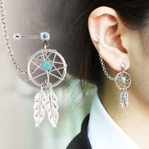 Earring stud dangle dream catcher stainless steel piercing bar with crystal gems ear chain nickel-free classic fashion jewelry