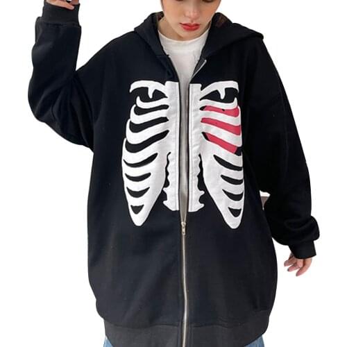 Y2K 2021 Womens Full Zip Hoodies Pullover Long Sleeve Heart Skeleton Print Loose Hooded Sweatshirts